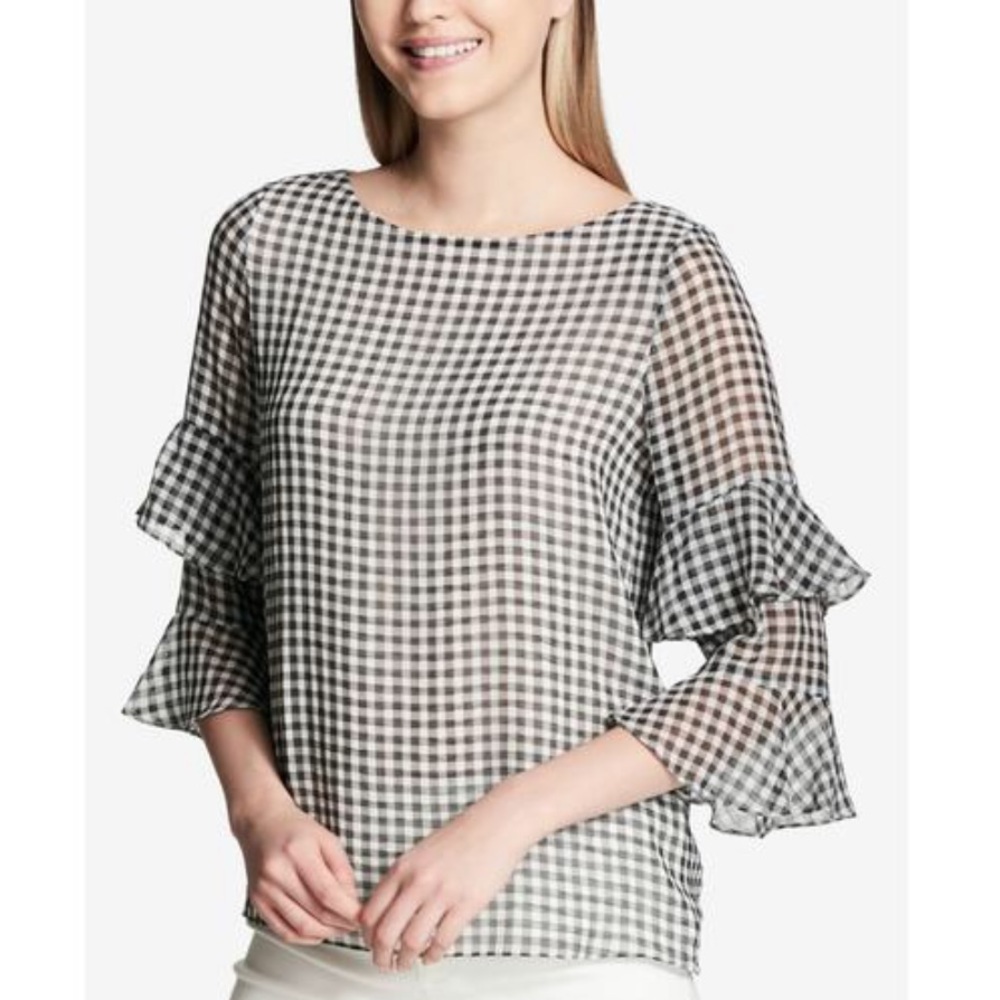 CALVIN KLEIN Checkered ruffled tier Blouse SZ XS